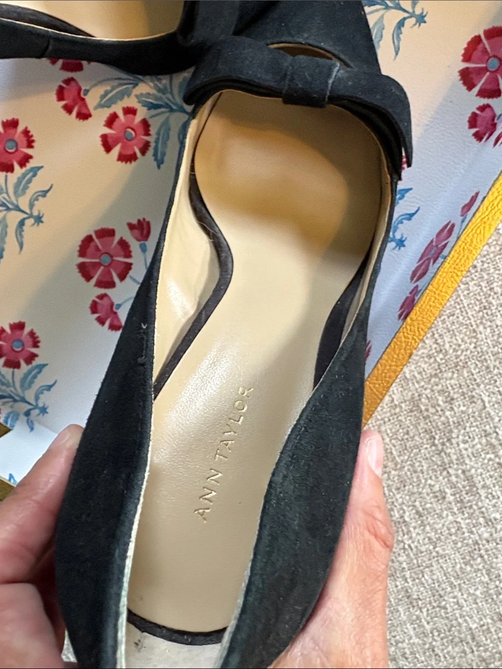 Ann Taylor Black Suede Pointed-Toe Bow Pumps